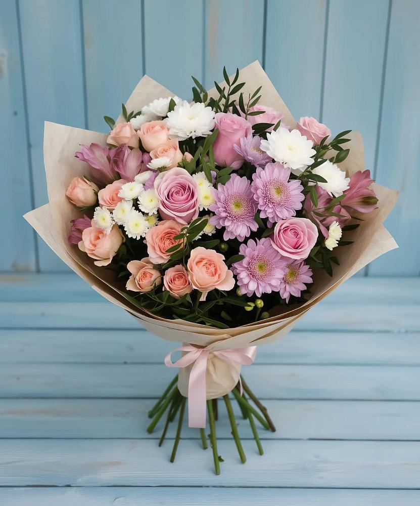 Букет цветов из: Хризантемы, Розы и Альстромерии в Алкино