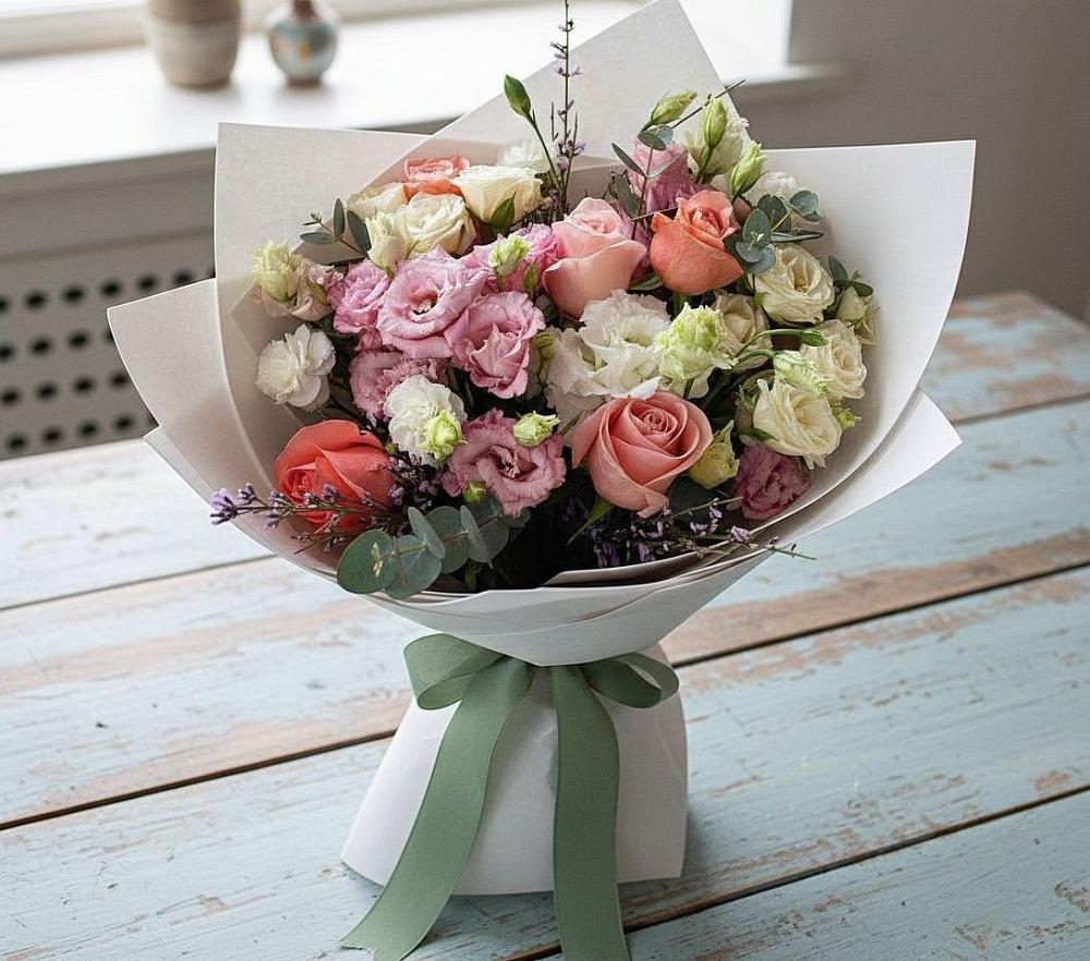 Букет цветов из: Розы, Лизиантусы и Гвоздики в Алкино