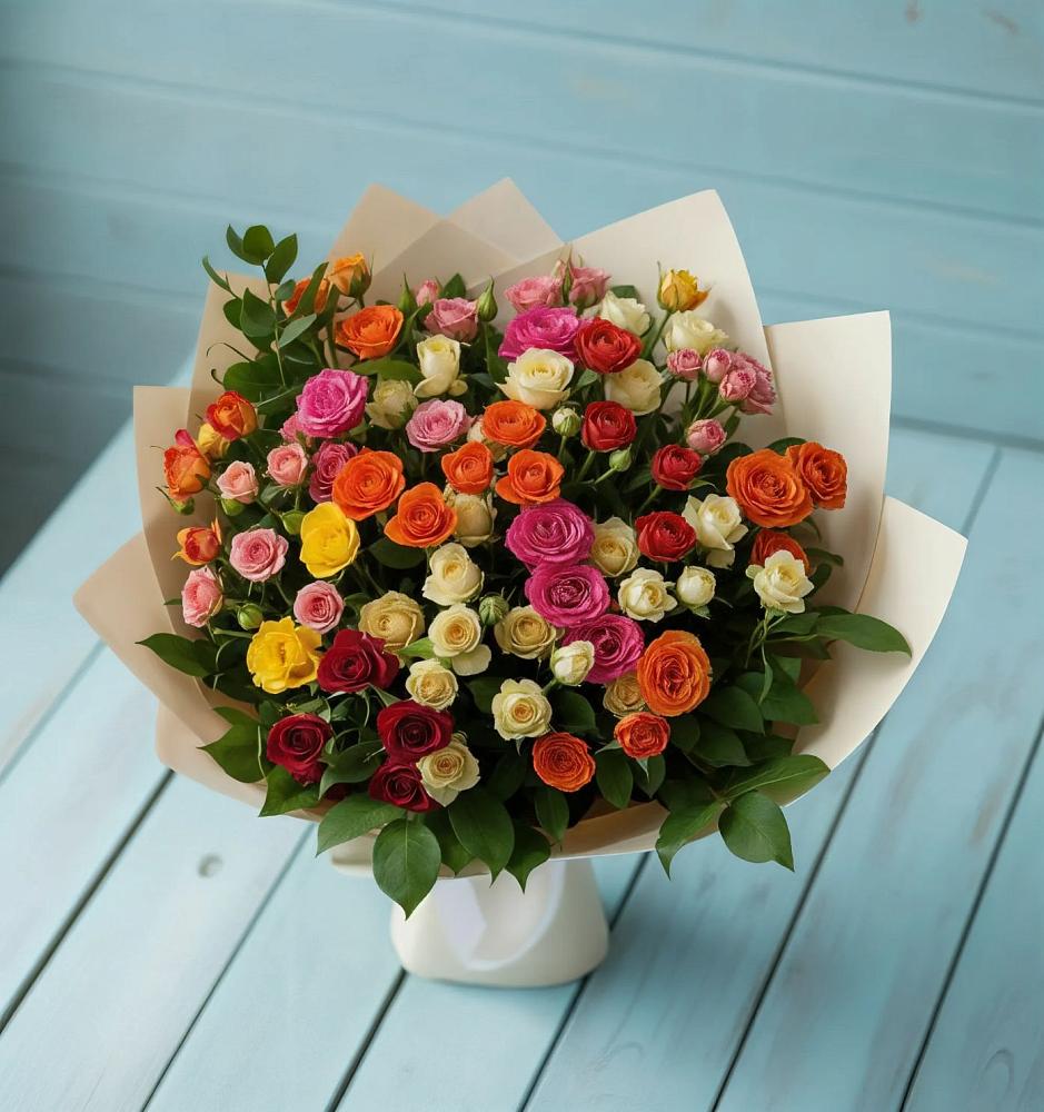 Букет Микс из разноцветных кустовых роз в Алкино