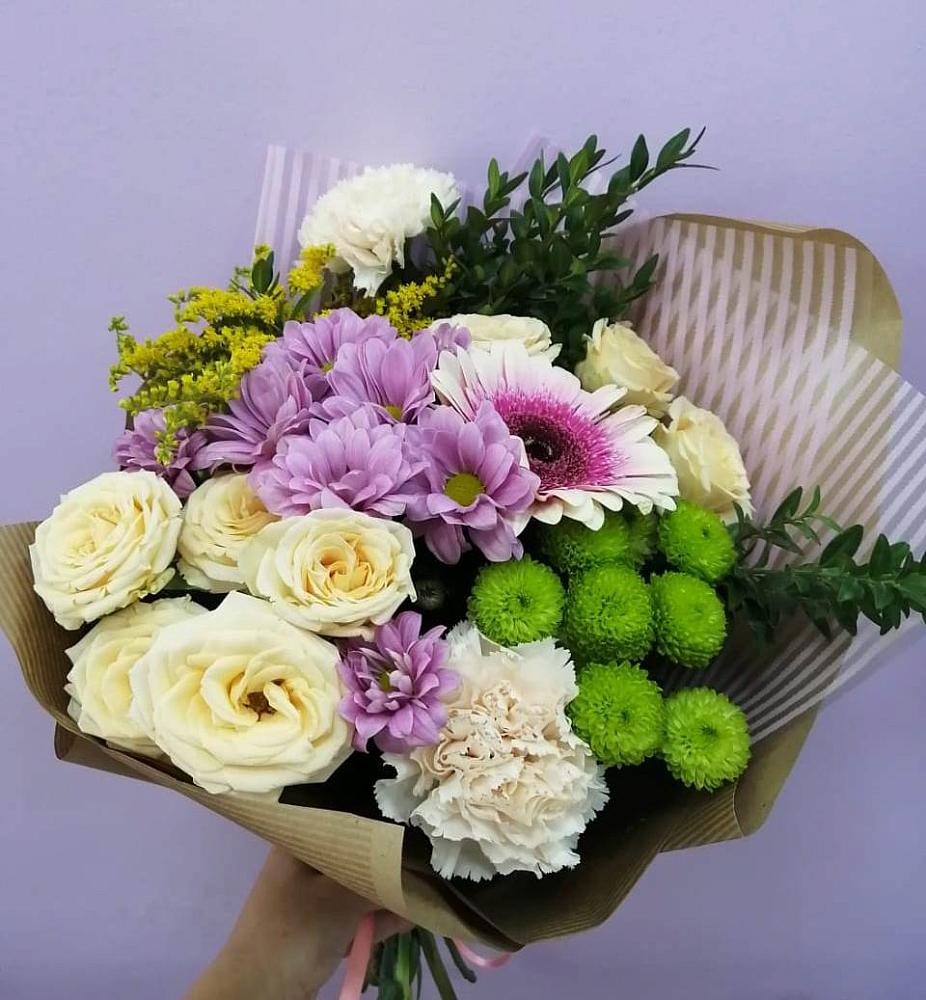 Букет цветов из: Хризантемы, Розы, Гвоздики и Герберы в Алкино