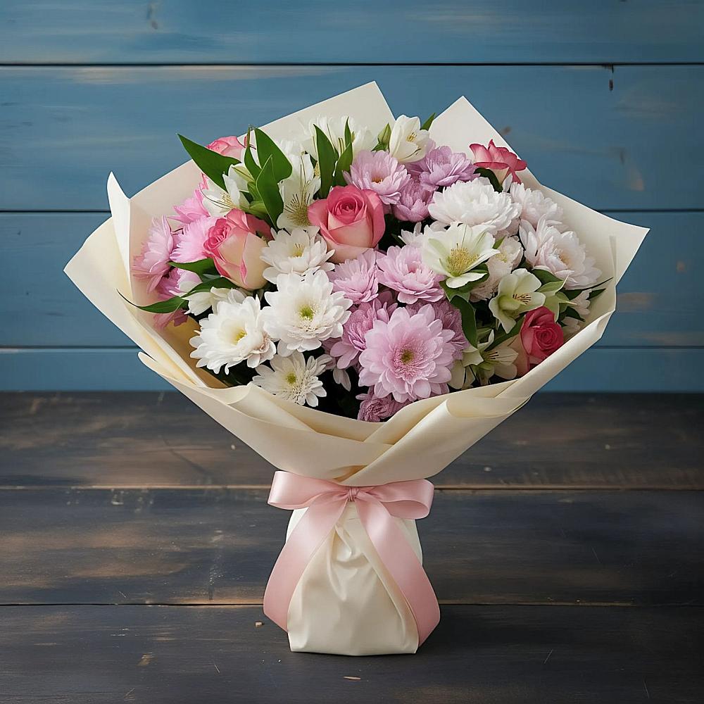 Букет цветов из: Хризантемы, Альстромерии и Розы в Алкино